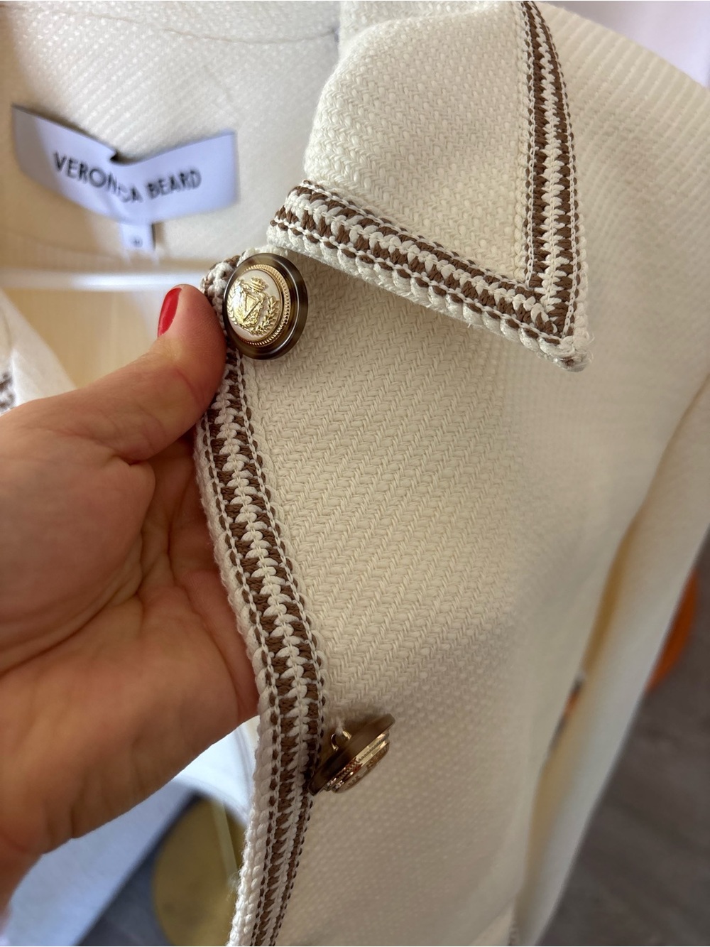 Veronica Beard Cream Cropped Tweed Jacket with Brown Trim (NWT) - Picture 7 of 9